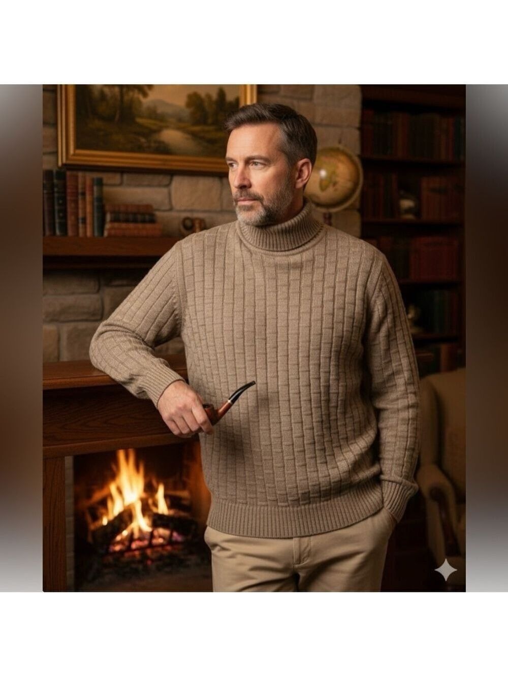 MARCO TADDEI Khaki Wool Blend Cable Knit Long Sleeve Turtle Neck Sweater Sz L